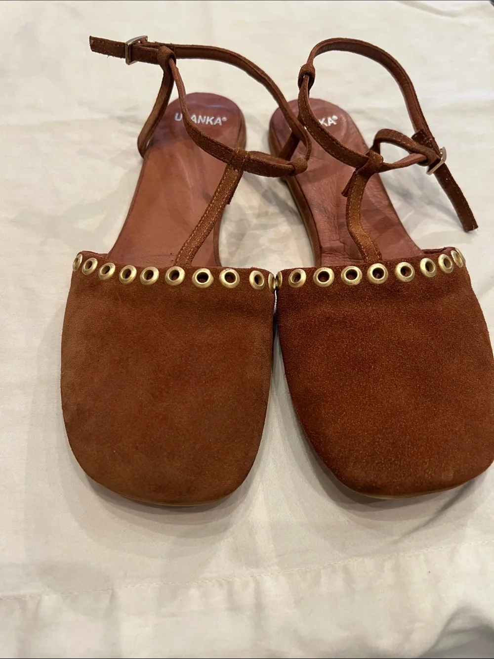 Ulanka barefoot Brown Suede T-Strap Flats with Gold Eyelets